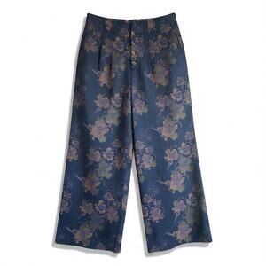 Pilcro Anthropologie Metallic Floral Brocade Wide Leg Pants Blue Gold Sz 30